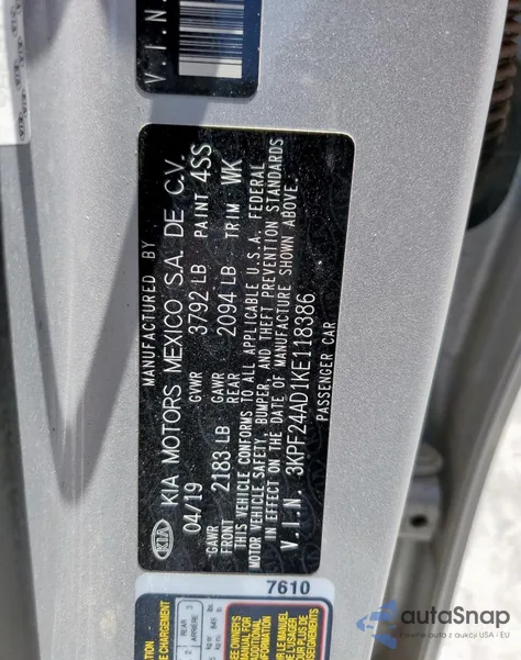 2019 Kia Forte Fe из США, поврежденный, VIN 3KPF24AD1KE118386